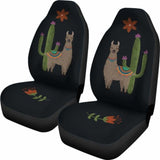 Brown Llama Car Seat Covers Chalky Style Cactus And Flower Design Printed On Black Fabric 105905 - YourCarButBetter