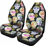 Set 2 Pcs Floral Sugar Skull Day Of The Dead Skull Car Seat Covers 101207 - YourCarButBetter