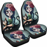 Set 2 Pcs Floral Sugar Skull Day Of The Dead Skull Car Seat Covers 101207 - YourCarButBetter