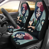 Set 2 Pcs Floral Sugar Skull Day Of The Dead Skull Car Seat Covers 101207 - YourCarButBetter