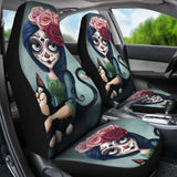 Set 2 Pcs Floral Sugar Skull Day Of The Dead Skull Car Seat Covers 101207 - YourCarButBetter