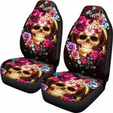 Set Of 2 Floral Beautiful Sugar Skull Car Seat Covers 101207 - YourCarButBetter