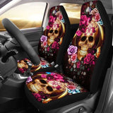 Set Of 2 Floral Beautiful Sugar Skull Car Seat Covers 101207 - YourCarButBetter