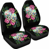 Set Of 2 Floral Sugar Skull Car Seat Covers 101207 - YourCarButBetter