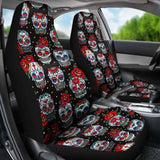 Set Of 2 Floral Sugar Skull Seat Covers 101207 - YourCarButBetter