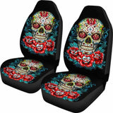 Set Of 2 - Flower Sugar Skull Seat Covers 101207 - YourCarButBetter