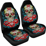 Set Of 2 - Flower Sugar Skull Seat Covers 101207 - YourCarButBetter