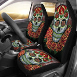 Set Of 2 Pcs Floral Sugar Skull Car Seat Covers 101207 - YourCarButBetter