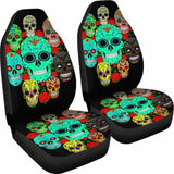 Set Of 2 Sugar Floral Skull Car Seat Covers 101207 - YourCarButBetter