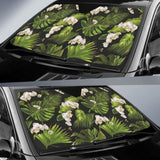White Orchid Flower Tropical Leaves Pattern Blackground Car Auto Sun Shades 182102 - YourCarButBetter