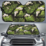 White Orchid Flower Tropical Leaves Pattern Blackground Car Auto Sun Shades 182102 - YourCarButBetter