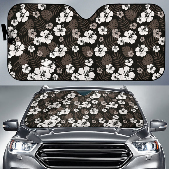 Black With Hibiscus Pattern In Gray And White Car Auto Sun Shades 212701