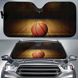 Lone Basketball Resting on Dramatic Wooden Court Car Auto Sun Shades 211402