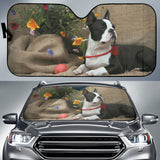 Calm Boston Terrier Portrait with Rustic Floral Scene Car Auto Sun Shades 211502