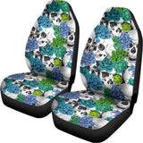 Green Blue Flowers Skull Pattern Print Universal Fit Car Seat Covers 102422