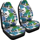 Green Blue Flowers Skull Pattern Print Universal Fit Car Seat Covers 102422