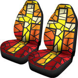 Orange And Red Stained Glass Cross Print Universal Fit Car Seat Covers 102422