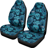 Teal Sugar Skull Flower Pattern Print Universal Fit Car Seat Covers 102422