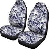 White Blue Skull Floral Pattern Print Universal Fit Car Seat Covers 102422