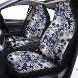 White Blue Skull Floral Pattern Print Universal Fit Car Seat Covers 102422