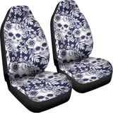 White Blue Skull Floral Pattern Print Universal Fit Car Seat Covers 102422