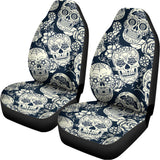 White Floral Sugar Skull Pattern Print Universal Fit Car Seat Covers 102422