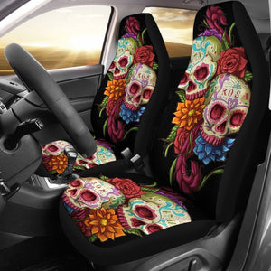 2 Pcs Day Of The Dead Sugar Skull Car Seat Covers 101819 - YourCarButBetter