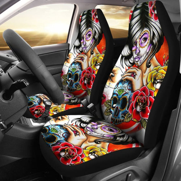 2 Pcs Day Of The Dead Sugar Skull Girl Car Seat Covers 101819 - YourCarButBetter