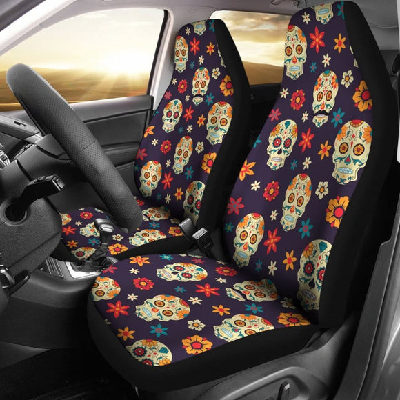 2 Pcs Day Of The Dead Sugar Skull Seat Covers 101819 - YourCarButBetter
