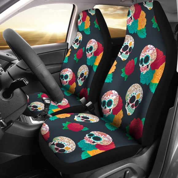 2 Pcs Floral Sugar Skull Day Of The Dead Skull Car Seat Covers 101819 - YourCarButBetter