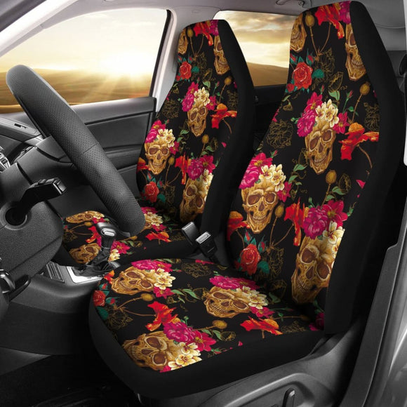 2 Pcs Floral Sugar Skull Day Of The Dead Skull Car Seat Covers 101819 - YourCarButBetter