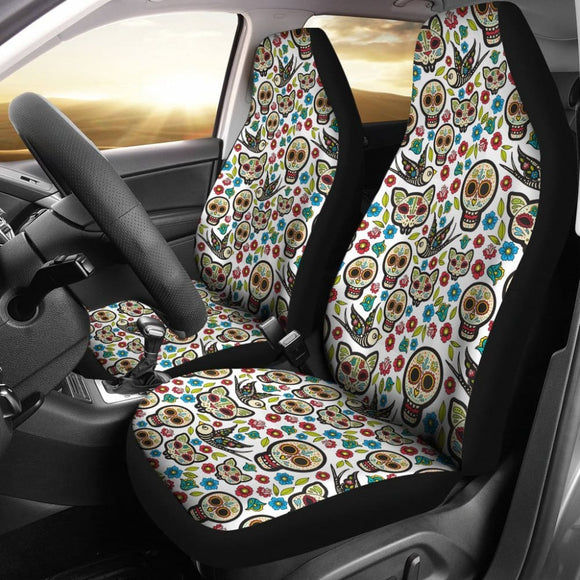 2 Pcs Floral Sugar Skull Day Of The Dead Skull Car Seat Covers 101819 - YourCarButBetter