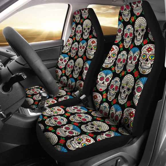 2 Pcs Floral Sugar Skull Day Of The Dead Skull Car Seat Covers 101819 - YourCarButBetter