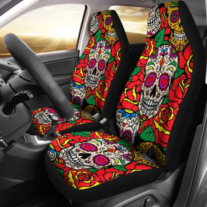 2 Pcs Floral Sugar Skull Day Of The Dead Skull Car Seat Covers 101819 - YourCarButBetter