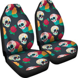 2 Pcs Floral Sugar Skull Day Of The Dead Skull Car Seat Covers 101819 - YourCarButBetter