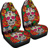 2 Pcs Floral Sugar Skull Day Of The Dead Skull Car Seat Covers 101819 - YourCarButBetter