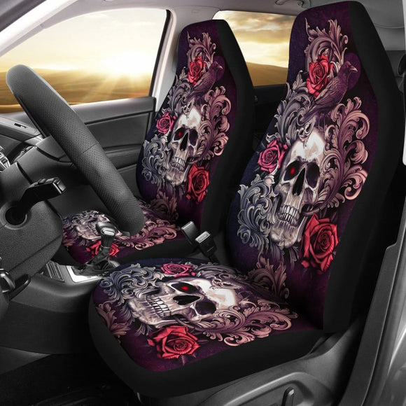 2 Pcs Gothic Skull Floral Rose Car Seat Covers 101819 - YourCarButBetter