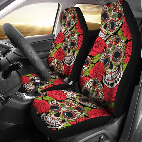 2 Pcs Rose Floral Sugar Skull Car Seat Covers 101819 - YourCarButBetter