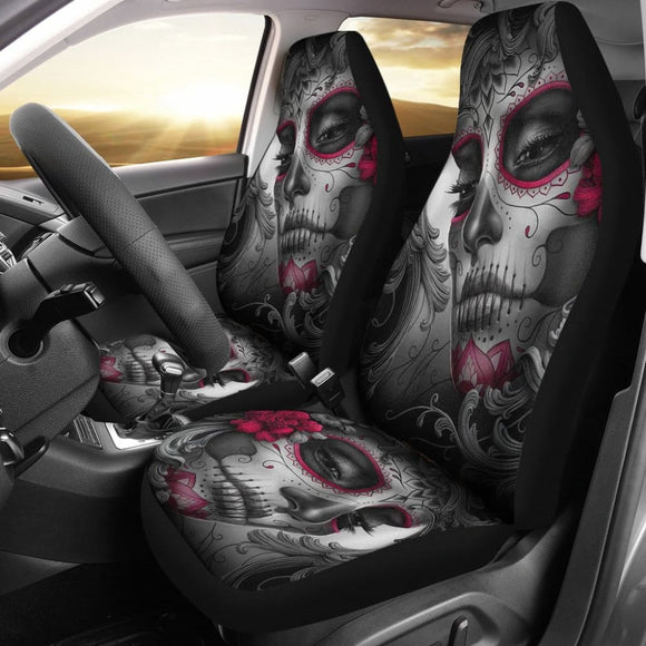 2 Pcs Skull Beautiful Sugar Skull Girl Car Seat Covers 101819 - YourCarButBetter
