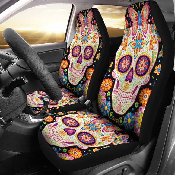 2 Pcs Sugar Skull Day Of The Dead Car Seat Cover 101819 - YourCarButBetter