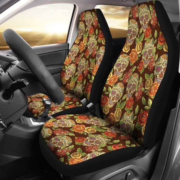 2 Pcs Sugar Skull Floral Car Seat Covers 101819 - YourCarButBetter