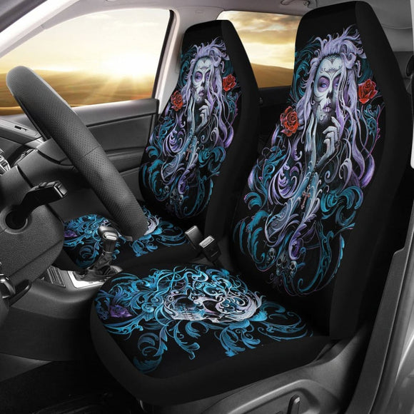 2 Pcs Sugar Skull Girl Car Seat Covers 101819 - YourCarButBetter