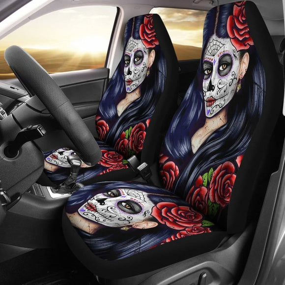 2 Pcs Sugar Skull Girl Car Seat Covers 101819 - YourCarButBetter