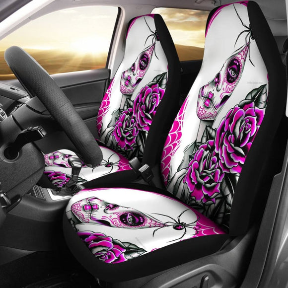 2 Pcs Sugar Skull Girl Skull Car Seat Covers 101819 - YourCarButBetter