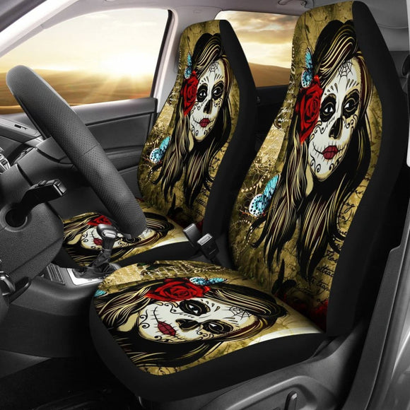 2 Pcs Sugar Skull Girl Skull Car Seat Covers 101819 - YourCarButBetter