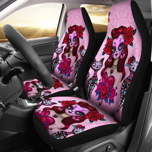 2 Pcs Sugar Skull Girl Day Of The Dead Car Seat Covers 101819 - YourCarButBetter