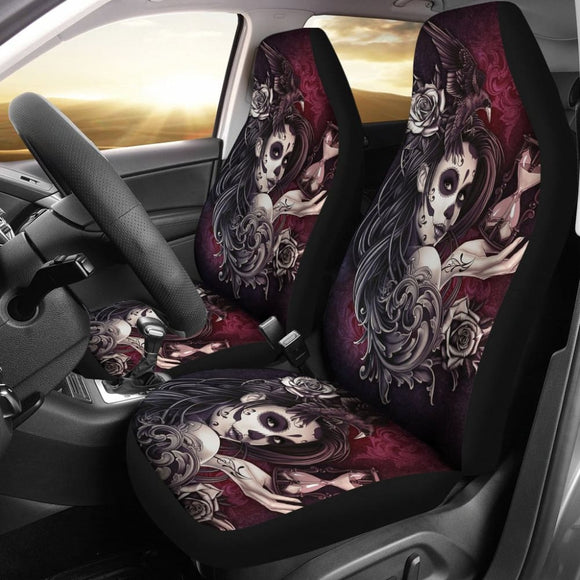 2 Pcs Sugar Skull Girl Seat Covers 101819 - YourCarButBetter
