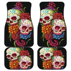 4 Pcs Sugar Skull Rose Floral Car Mats 101819 - YourCarButBetter