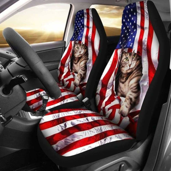 America Flag And Cat - Car Seat Covers 112428 - YourCarButBetter