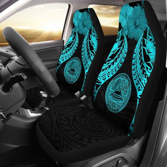 American Samoa Polynesian Car Seat Covers Pride Seal And Hibiscus Neon Blue - 232125 - YourCarButBetter